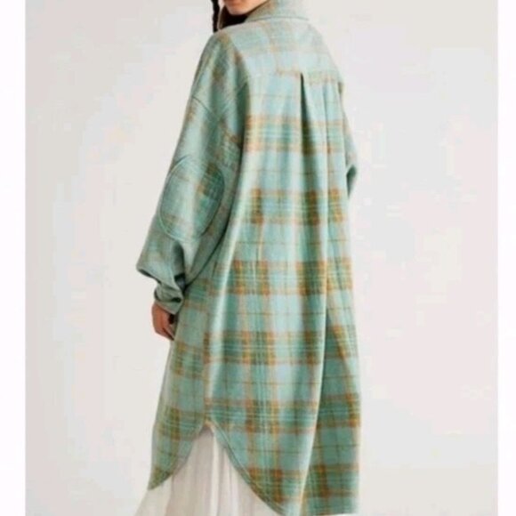 Free People Plaid Long Ruby Jacket Women's M Oversized Sage Combo EUC - Picture 3 of 9